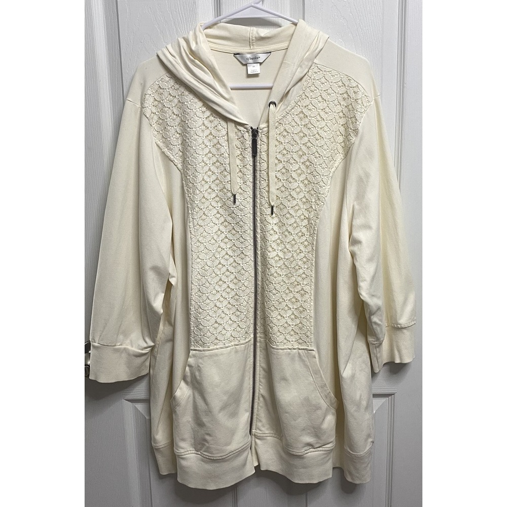 C.J. Banks Plus Women Full Zip Hooded Lace & Ivory Stretch Jacket Cardigan 3XL